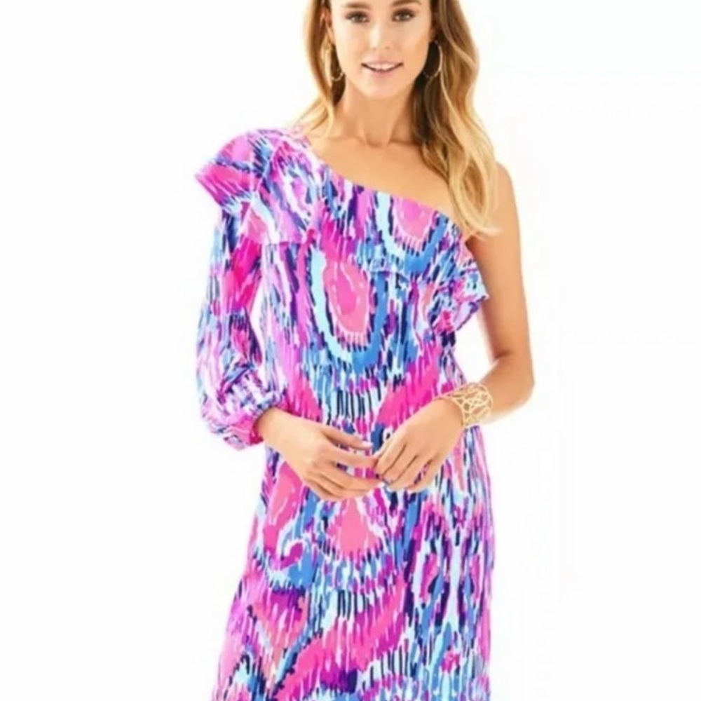 NEW Lilly Pulitzer S Amante Shift Dress Silk Jersey Free Spirit One Shoulder